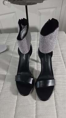 CARLKARIDA Black Rhinestone Cuff Ankle Strap Stiletto High Heel Sandals